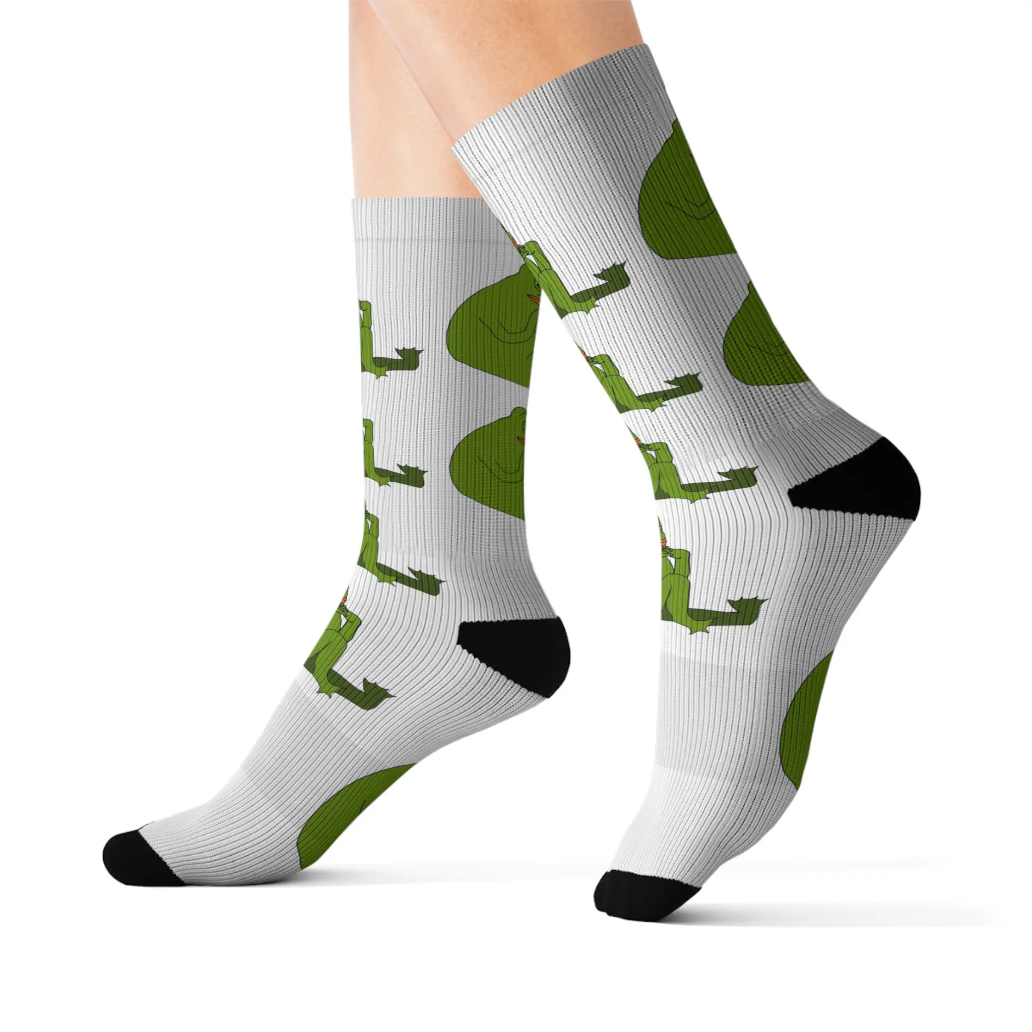 Green Frog Pattern Socks | Cute Amphibian Illustration, White Crew Socks