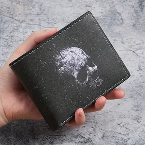 Vintage Skull Print Men's Wallet - Compact Bifold with Multiple Card Slots Large Capacity Faux Leather Black