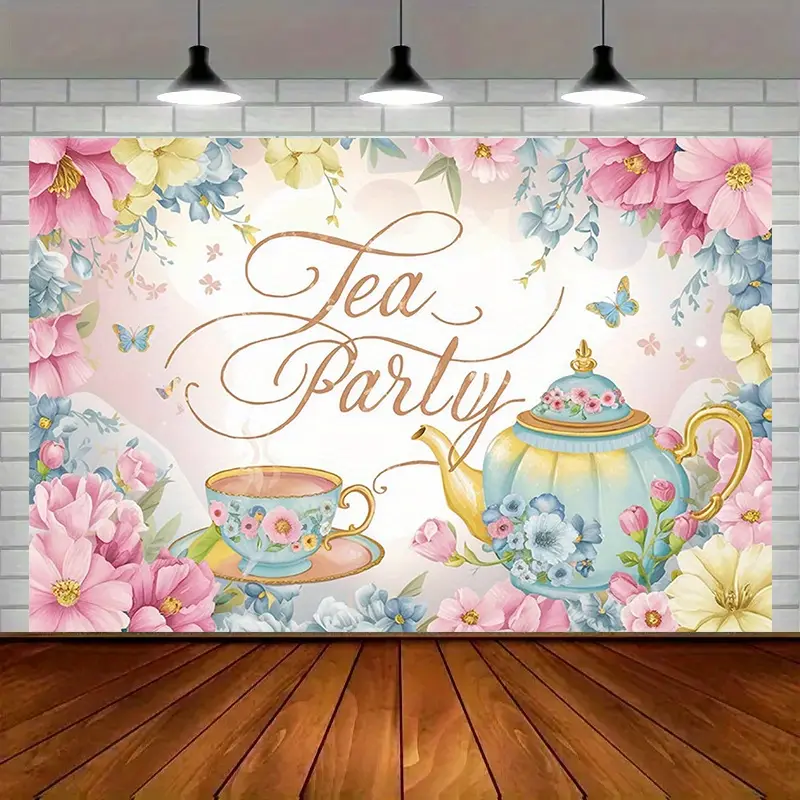 Tea Party Elegant Background Backdrop Vintage Floral Backdrop Garden Theme Background Cloth Tea Tapestry Wall Hanging Photography Background Polyester Fiber Home Party Wedding Birthday Event Decor Studio Prop Aesthetic Setup