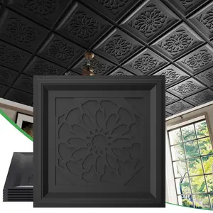 LOOYEE 24 PCS 2x2 FT Black Openwork Tracery Decorative Ceiling Tiles, 24x24 Inch 3D Modern Minimalist Ceiling Panels, PVC Waterproof Cuttable Material Ideal for Living Room Bedroom Cover 96 Sq.Ft