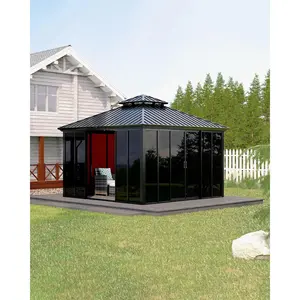 12x12 ft Hardtop Gazebo Sunroom, All-Season Outdoor Room with Aluminum Frame, Enclosed Patio Solarium with Polycarbonate Sliding Doors & Double Roof for Backyard, Deck & Hot Tub Enclosure, Weatherproof, Easy Setup,summervibes