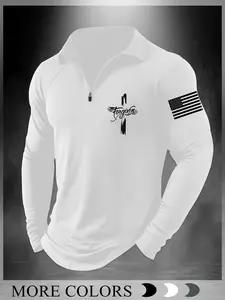Men's Fitted Casual Collared Polo Shirt, Cross & Flag Design, Long Sleeve, Fall Fashion, Spirit Symbol, Daily Wear Essential