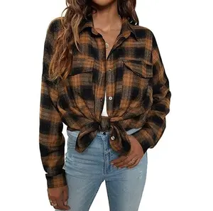 Blooming Jelly Plaid Shacket Button Down Flannel Shirts Women's Long Sleeve Collared Business Casual Tops#September Restock Campaign