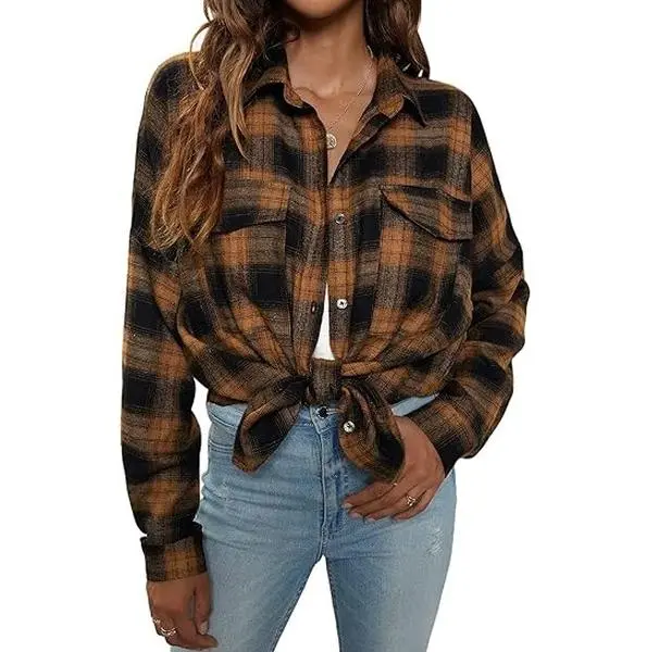 Blooming Jelly Women's Oversized Cute Plaid Shacket Jacket - Long Sleeve, Button-Down, Collared, Lightweight, Pockets, Business Casual Blouse for Women (September Restock Campaign)
