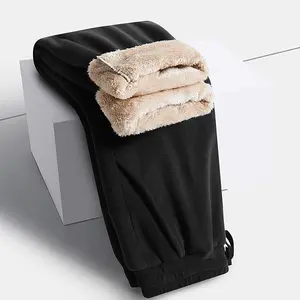 Men's Casual Black Fleece Pants - Sherpa Lined, Stretch Drawstring Waist, Trendy Warm Homewear, Winter Everyday Pants