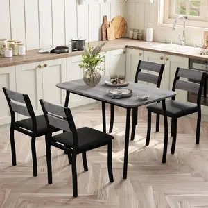 Dining Table Set for 4, 5 Piece Metal Frame Kitchen Table and Chair Set, Chamfer Design Space-Saving Dining Room Furniture for Small Spaces, Apartment, Studio, Breakfast Nooks, Black and Grey