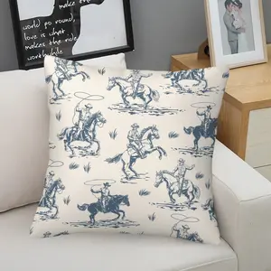 Toile de Jouy & Western Cowboy Throw Pillow, Accent Cushion with Pillow Core, Vintage Scenic Equestrian Digital Print, Decorative Pillow for Couch, Bedroom & Living Room, Soft Farmhouse Home Decor
