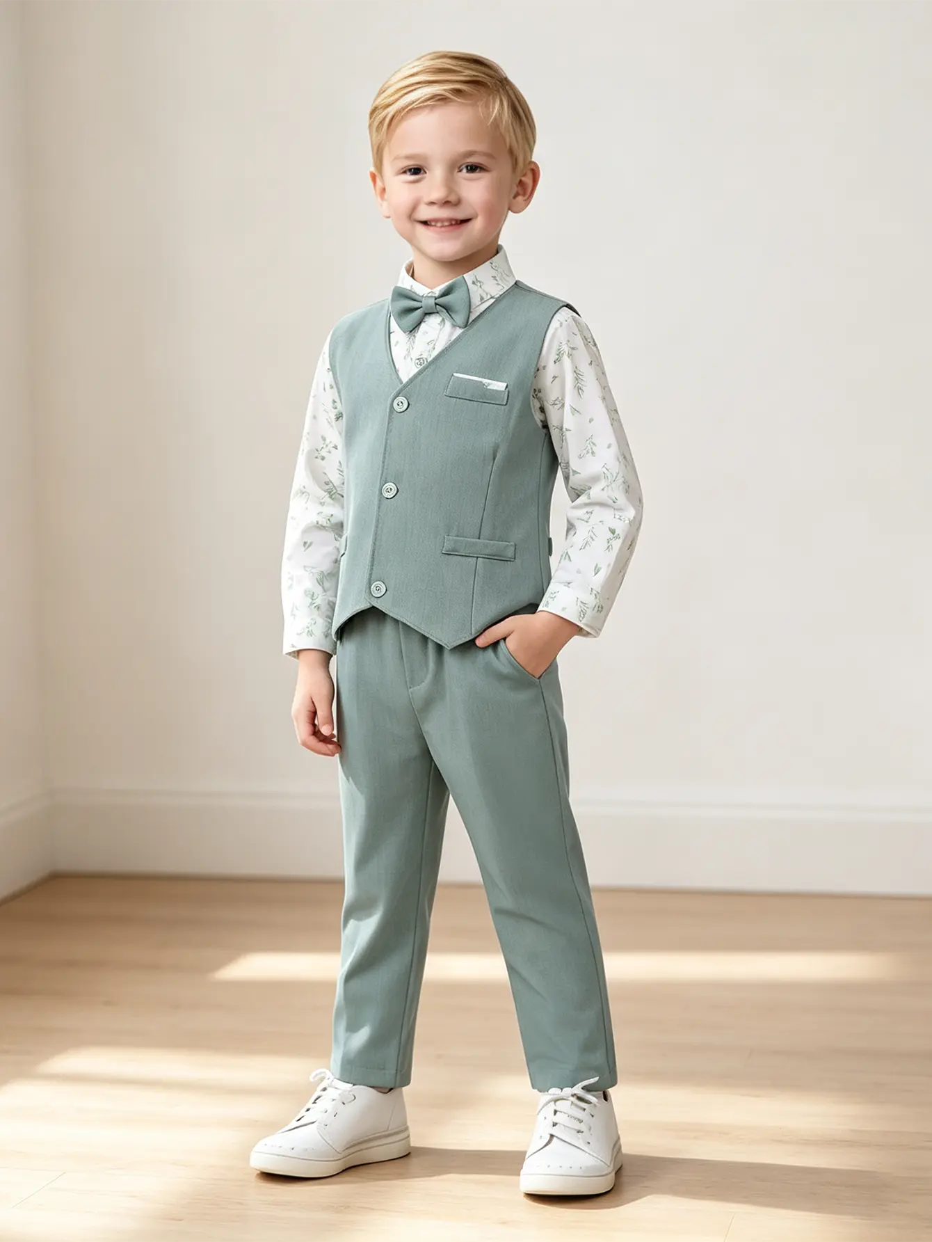 Toddler Boy Gentleman Suit Set - Toddler Tuxedo, Classic & Cute Decorative Bow Boys' Suits, Floral Print Long Sleeve Shirt, Vest, Bow Tie, Suspender Pants, Basic Party Formal Outfit for Wedding Baptism