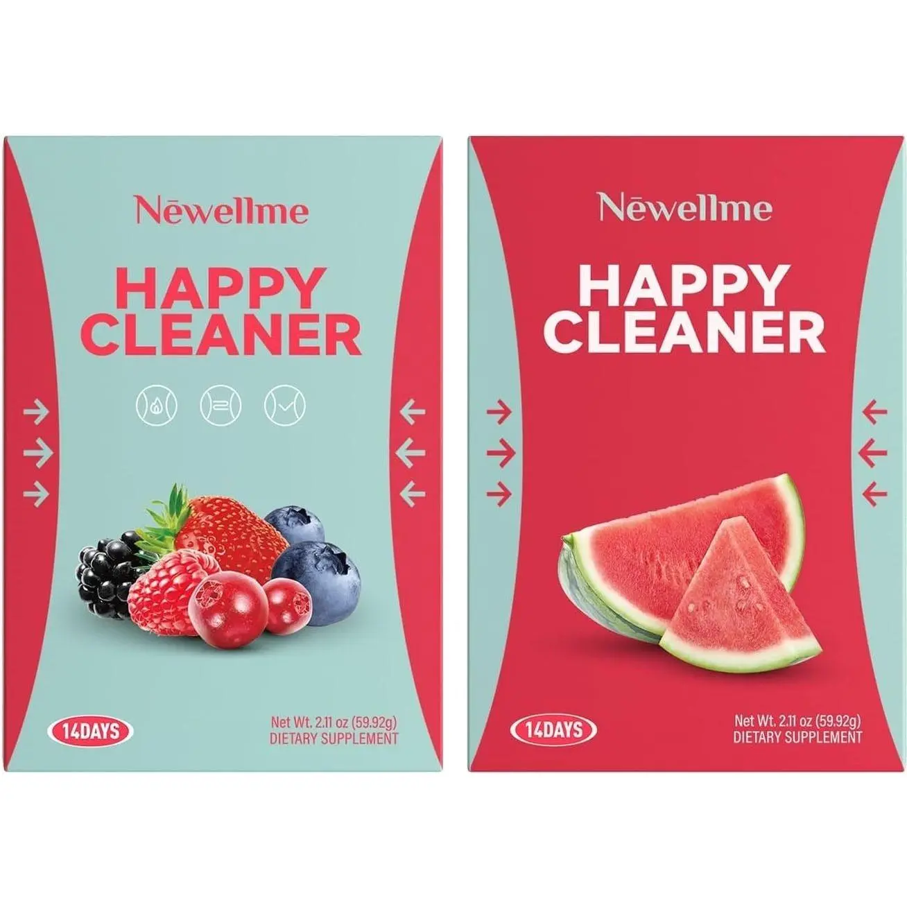 NEWELLME Happy Cleaner Super Greens Powder – Variety Pack (Watermelon & Berry), Sugar-Free Vegan Drink Mix with Chlorella & Spirulina, 28 Packets