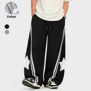 TELLFUN Men's Baggy Sweatpants, Y2K High-Waist Panel Barrel Style, Oversized Wide-Leg Fit, Star Patch & Studded Stripe Detail, Unisex Streetwear Outfits Tracksuit Bottoms