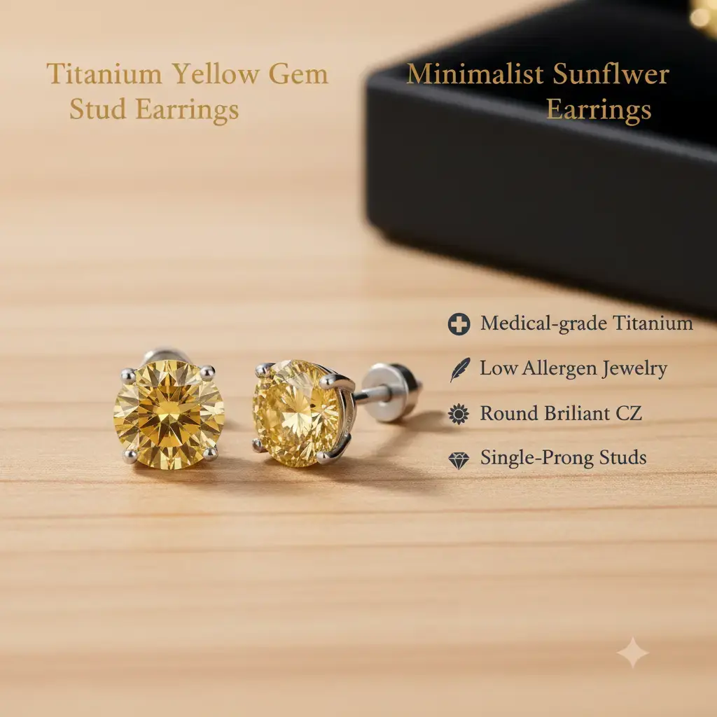 Unisex yellow moissanite stud earrings—single stone setting, round cut, minimalist sunflower design, hypoallergenic jewelry (2 carats × 2 stones), safe-to-wear diamond stud earrings B2