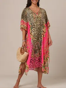 [Plus Size] Leopard Print Vneck Batwing Dress, Casual Fashion Dress for Beach Holiday Vacation, Women's Clothes for All Seasons, Boho Caftan, Boho Summer Dresses