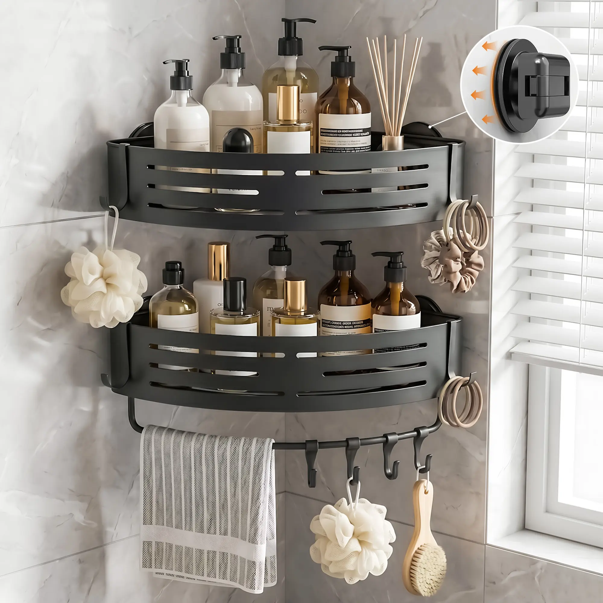 2-Piece Aluminum Alloy Bathroom Corner Shelf Set | Heavy-Duty Suction Cup Shower Organizer | Drill-Free Waterproof Hanging Shelf (with Hooks & Bar) | Modern Matte Grey Bath Accessory Organizer for Homes, Apartments, and Kitchens homeessentials