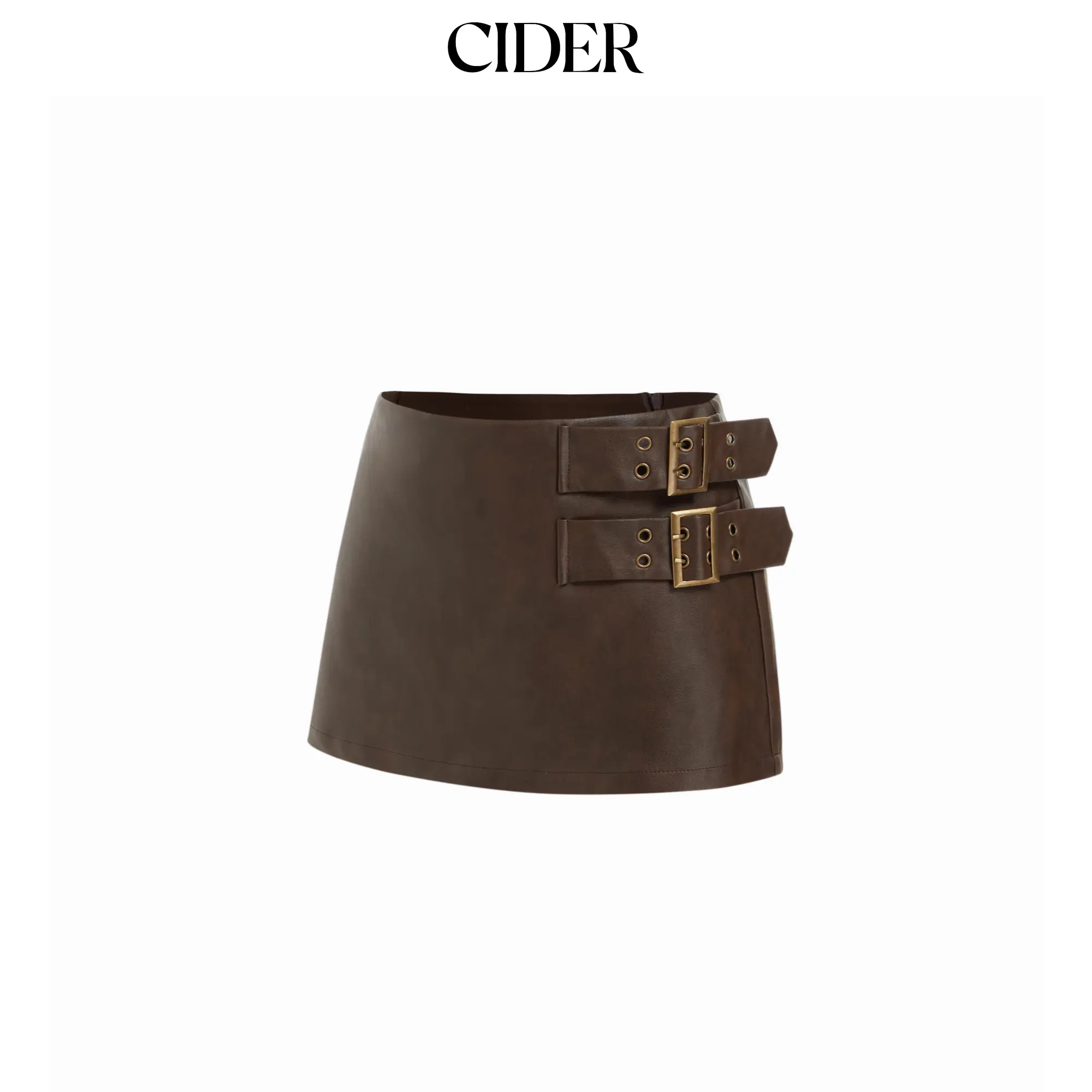 Cider Faux Leather Mid Rise Belted A-line Mini Skort