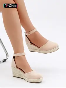 Women's Wedge Ankle Strap Bohemian Sandals, Summer Outfits 2024 Boho Style Stylish Elegant Classy Solid Color Wedge Platform Sandals for Beach Vacation, Wedge Heel Woven Shoes for Women & Girls