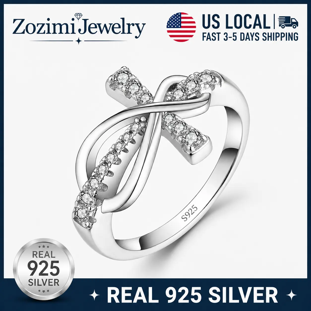 S925 Sterling Silver Infinity Cross Closed Band Ring Paved Cubic Zirconia Twisted Infinity Symbol Christian Faith Statement Ring Religious Inspirational Fine Jewelry Gift For Women Birthday Anniversary