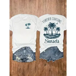 Women's cotton short sleeved patterned T-shirt, always chasing the sunset, palm tree beach, sunset print, summer vacation, seaside casual T-shirt, suitable for weekend travelRAIMENTRY