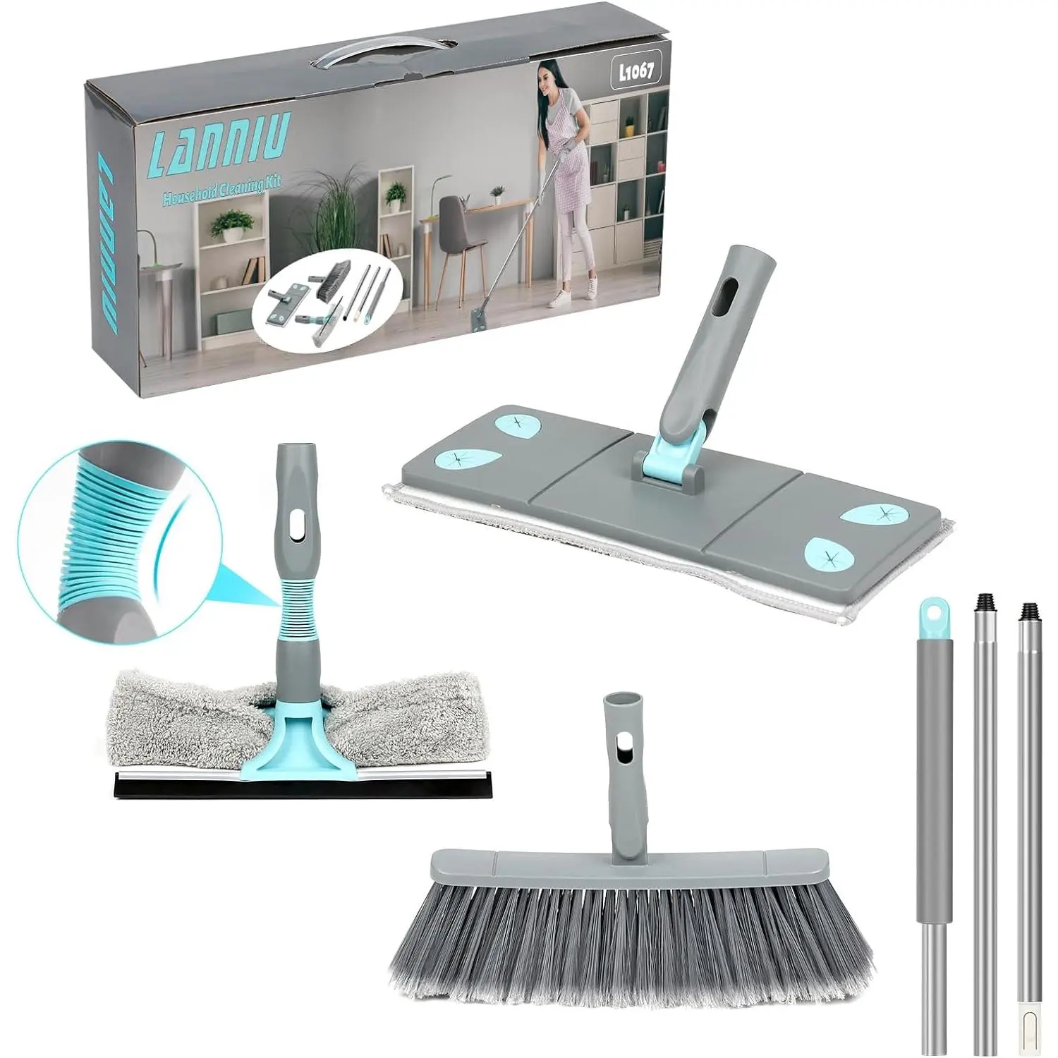 Broom and mop set 3in1 detachable broom mop combo for house cleaning collapsible broom and mop for rv campinghomedorm extension pole window squeegee grey