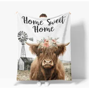 Highland Cow Throw Blanket Farmhouse Cows Warm Decor Soft Flannel Blanket Highland Cow Gifts for Kids Boys Girls Men Women 40" X 50", Printed on One Side with a Plain White Back, Halloween Thanksgiving Christmas Gift