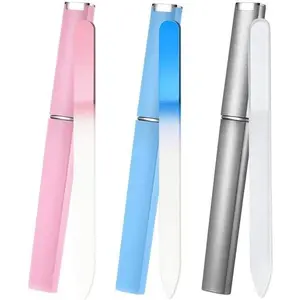 Glass Nail File 3 Pack - Crystal Double Sided Etched Filing Surface, Professional Manicure & Pedicure Care with Case in Blue, Silver, Pink