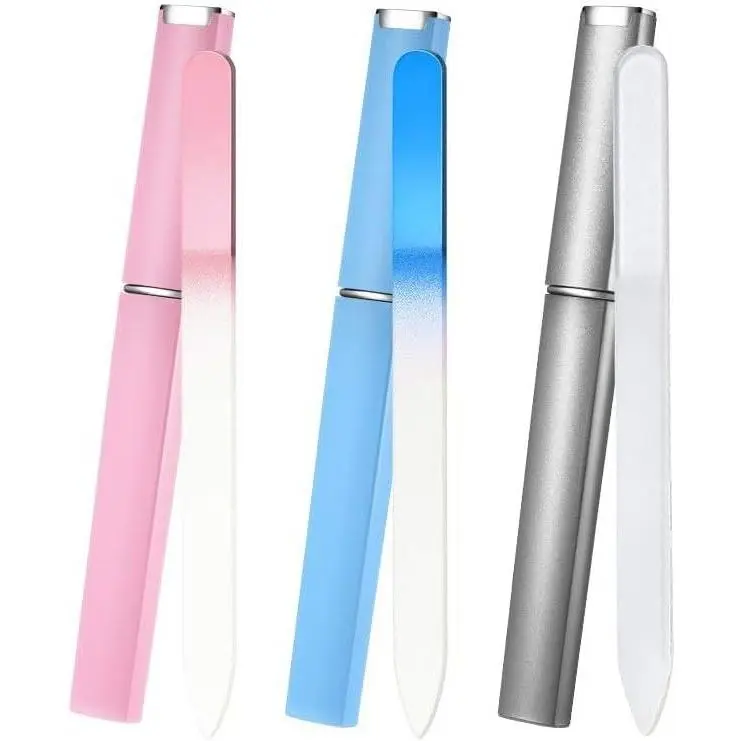 3-Pack Glass Nail Files, Crystal Double-Sided Etched Manicure Tools for Complete Nail Care at Home, with Blue, Silver, & Pink Cases, At Home Manicure, Fingernail Files, Manicure At Home