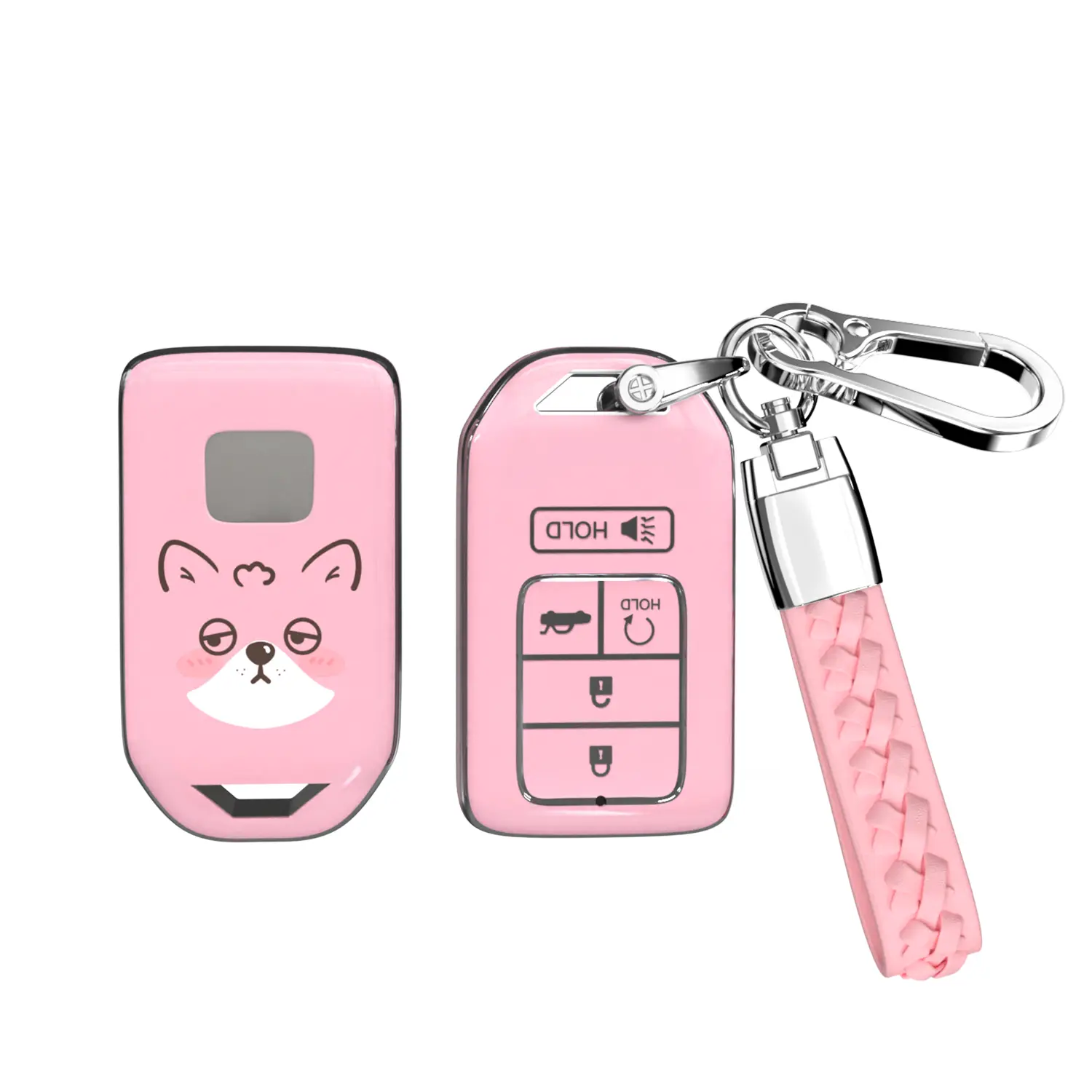 ACEBOY for Honda Key fob Cover with Leather Keychain, Soft TPU Full Cover Protection Key Fob Case for Honda Accord Civic CRV Pilot Odyssey Passport Insight EX (Pink,5 Buttons), Car Key Protector, Key Covers For Car Keys