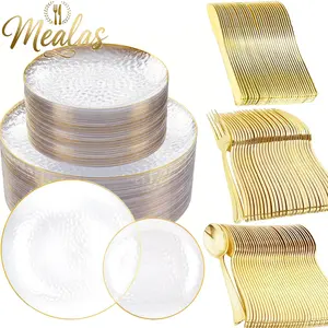 50-Piece Gold Rim Transparent Clear Plastic Plates Set, Simple Style Reusable Cutlery, Includes 10 Dinner Plates, 10 Dessert Plates, 30 Golden Utensils