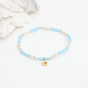 Cape Cod Chokers Coastal Icon Hydrangea Bracelet Handmade with Freshwater Pearls & Blue Crystal Beads Gold Icon Charm Included