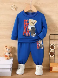 Baby Boy's Cartoon Bear Print Sweatshirt & Elastic Waist Pants Set, Casual Round Neck Long Sleeve Pullover & Trousers, Infant Toddler Kids Spring & Fall Clothes