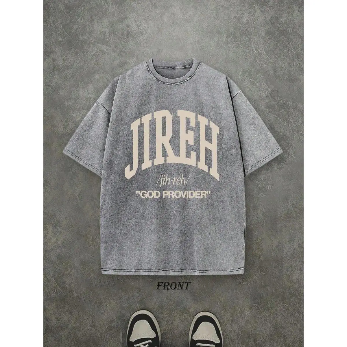 Men's 230G Pure Cotton Oversized Classic T-Shirt - Retro Washed Short-Sleeves, Round Neck, Casual Fit, 'Jireh God Provider' Faith-Based Fashion, Easy Layering Christian Streetwear Top