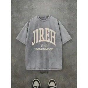 Retro Washed 230G Pure Cotton T-Shirt, "JIREH GOD PROVIDER" Letter Graphic Single Side Print, Christian Faith Gift, Men Casual Street Style Cotton Tee