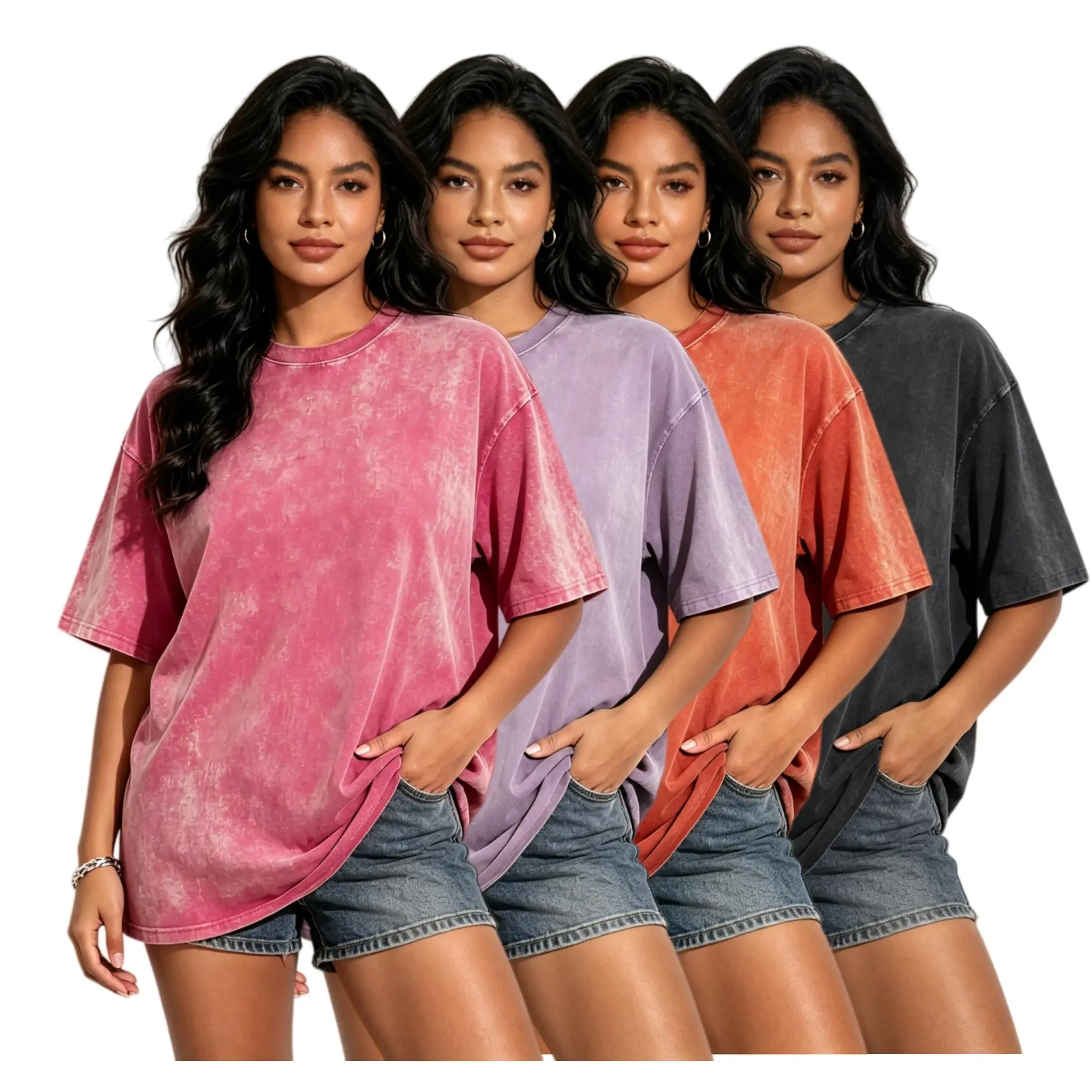 Women's 4-Pack Plain Cotton Lightweight T-Shirts, Casual Loose-Fit Crew Neck Short Sleeve Distressed Wash Tops for Everyday Wear, Womenswear Streetwear Tees