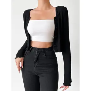 Women's plain lettuce trimmed button up front cardigan, summer casual long sleeved round neck knitted sweater, fashionable women's knitted daily clothingRAIMENTRY