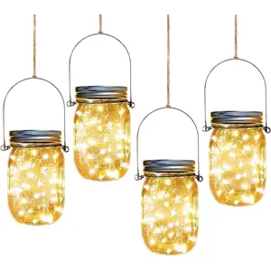 Solar Mason Jar Lights,4 Pack 30 Led Starry Fairy String  Jar Lights,Solar Lanterns for Outdoor Patio Party Garden Wedding Halloween Christmas Projector Decor Light(Mason Jars/Handles Included)