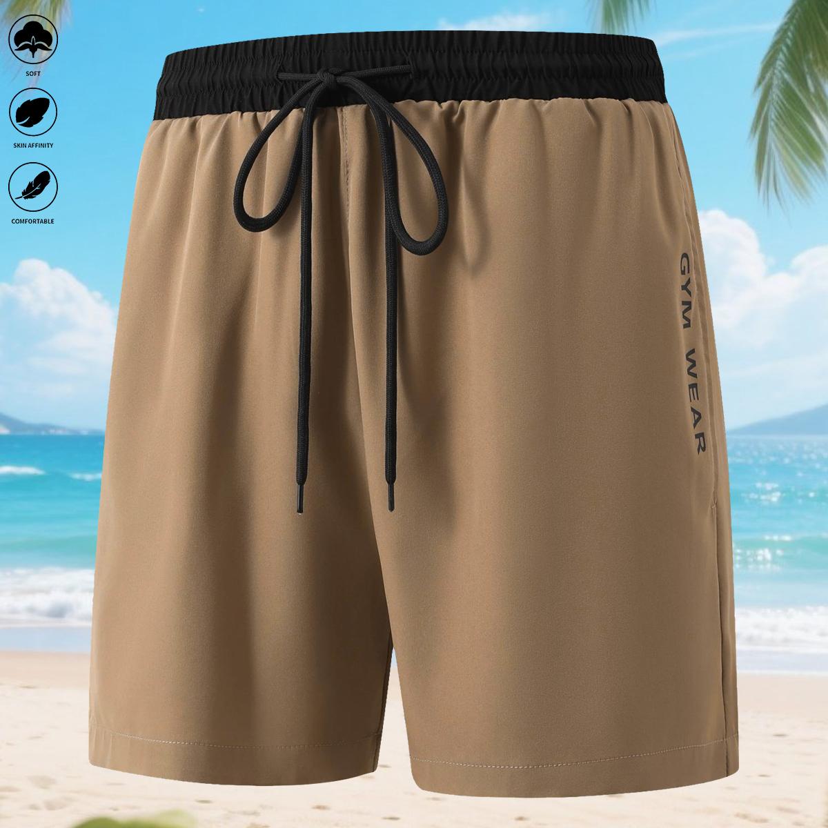 Men’s casual minimalist comfortable shorts with letter print pockets and drawstring; quick-dry, elastic waistband shorts for summer outdoor fitness—ideal for gym workouts and training.