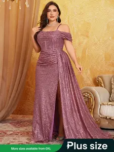 【Plus Size】 Glitter Sequins Cold Shoulder Split Hem Evening Dress Formal Wear, Elegant Backless Maxi Dress for Party Banquet, Women's Clothes for All Seasons