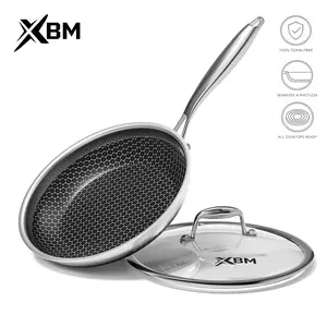 XBM Hybrid Nonstick Frying Pan with Smooth Base , Tri-Ply Stainless Steel Honeycomb Skillet, Healthy PTFE/PFOA Free Ceramic Coating, Stay-Cool Handle, Induction Ready & Oven Safe Cookware Aluminium Carbon Metal pots and pans set ，Tempered Glass Lid