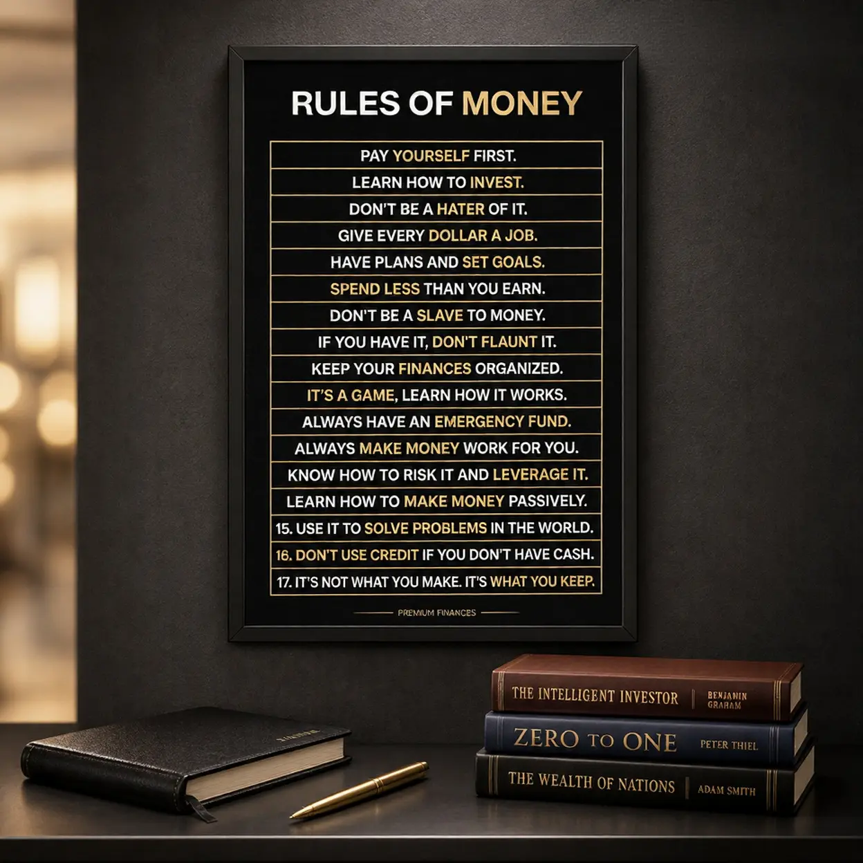 Rules of Money Canvas Wall Art - Motivational Office Decor, Financial Freedom Poster, Entrepreneur Wealth Mindset Wall Art, Daily Reminder Office Wall Decor for Men, Home Office Study Room Decoration