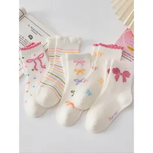 SHUJUAN Girls' Cartoon Bowknot Socks, Striped Polka Dot Design, 5 Pairs Mixed Colors, Casual Knee-High Socks for All Seasons, Fitted Fit, Soft Comfy Socks