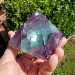 Fluorite Pyramid Carved Design Ornament, Home Decor for Office Bedroom Desk, Crystal Feng Shui Statue, Positive Energy, Unique Gift