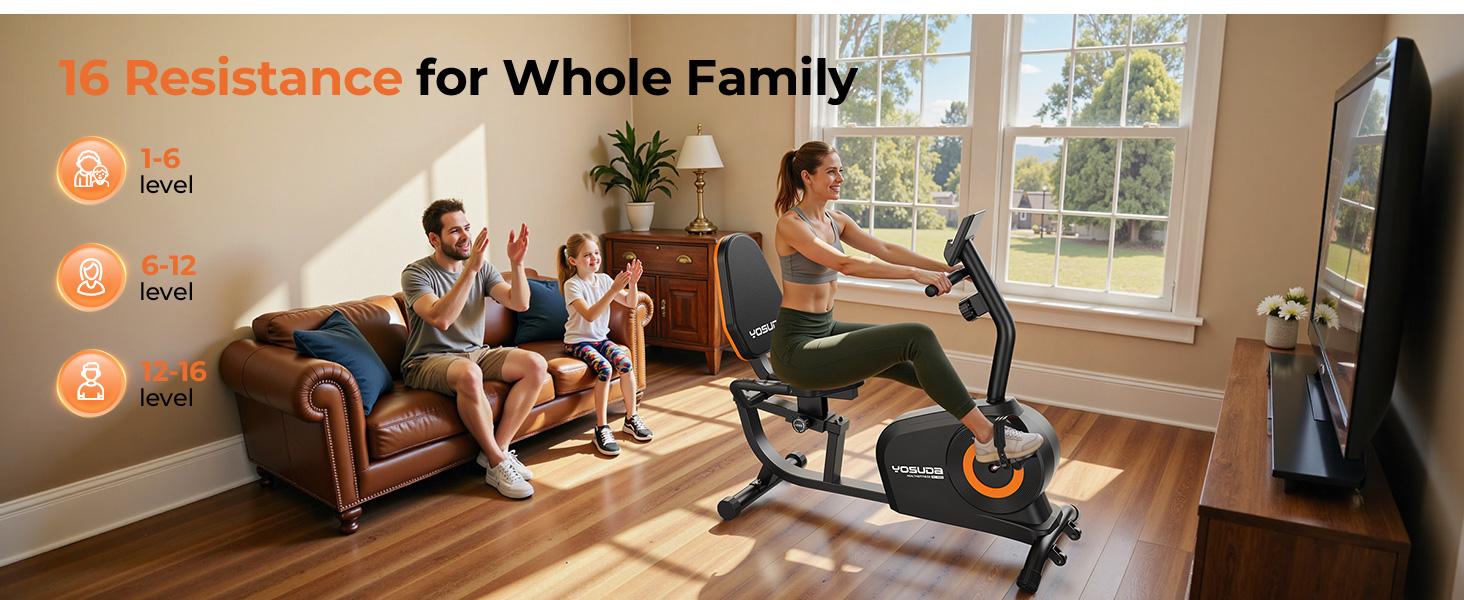YOSUDA Recumbent Exercise Bike for Home，Magnetic Staionary Bike for Seniors/Adults with Adjustable Seat, 350LB Capacity, 16-level Resistance, LCD Monitor & Pulse Sensors