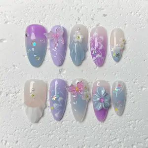 [Butterfly Dreams] Medium Almond Handmade Press on Nails, Fake Nails with Nail tool kit with Jelly Stickers, Reusable, Durable