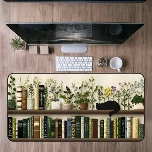Book Desk Mat Bookish, Floral Bookshelf Desk Mat, Large Mouse Pad with Botanical and Literature