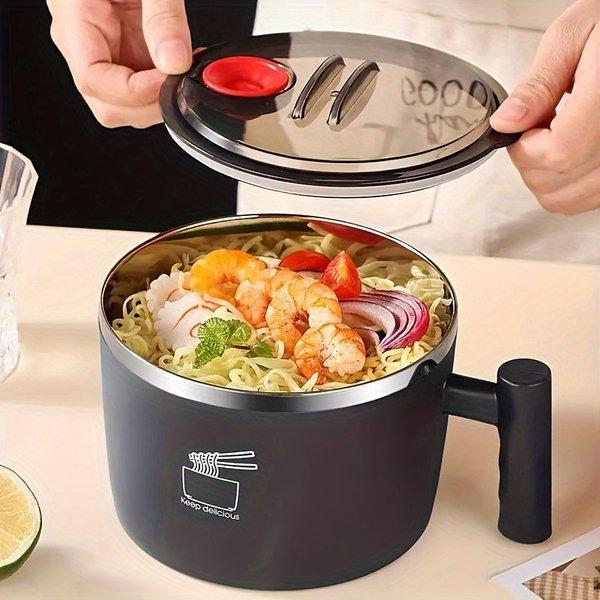 Stainless Steel Insulated Noodle Bowl with Lid – Portable Lunch Container, Ramen Bowl with Drain Design, Multifunction Food Serving Bowl for Travel & Kitchen