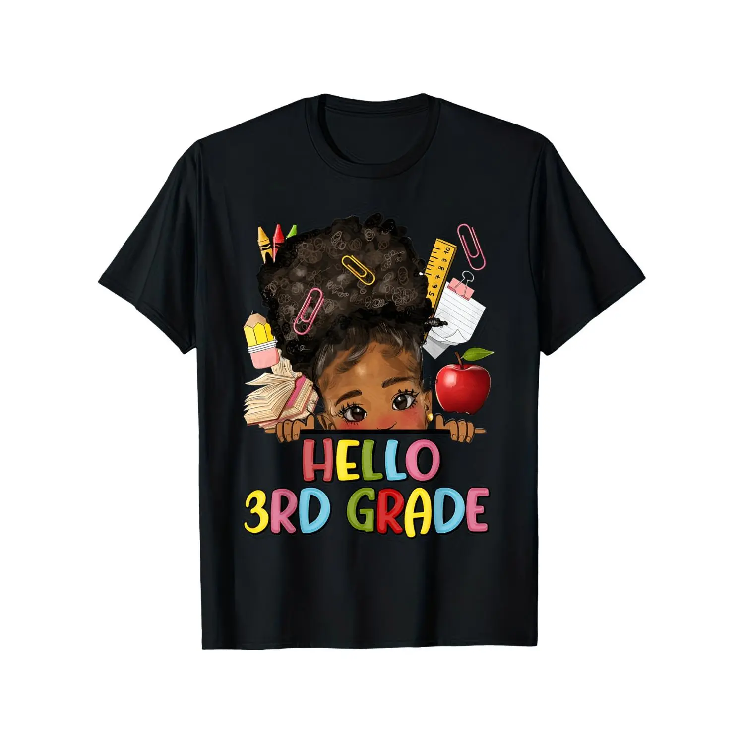 Black Hello 3rd Grade Back To School T-Shirt, Cartoon Girl With School Supplies Graphic Tee, Crew Neck Short Sleeve Top For Kids Students