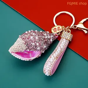 Metal car key keychain/key ring adorned with rhinestones, shell pearls, and conch shells; unisex bag pendant; fully rhinestone decoration; gift