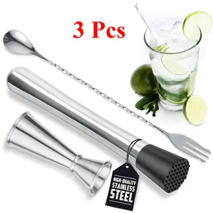 3 Pcs Muddler for Cocktails Set - Bar Muddler Tool with Sturdy Head, Versatile Cocktail Spoon & Jigger, Easy to Use & Clean, Stylish Rust-Resistant Stirring Tool - Bar Tools for Drinks Mixing