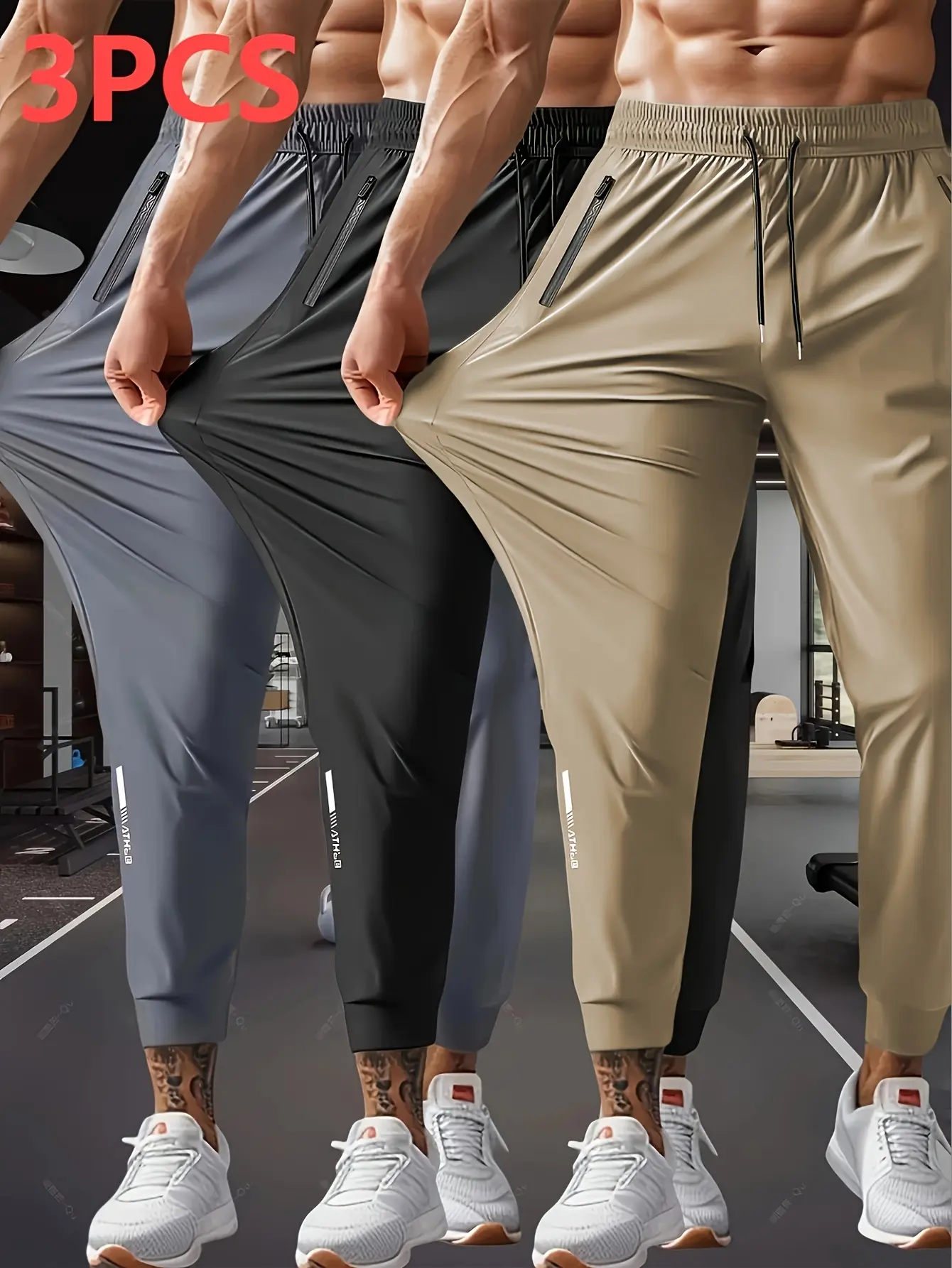 3-pack men’s breathable stretch joggers with zippered pockets and drawstring waist — lightweight nylon blend suitable for gym, outdoor hiking, dates, and all-season casual wear; comfortable everyday adjustable joggers with elastic waistband