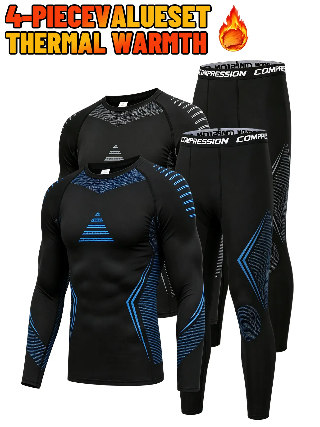 Men's 4-Pack Fitted Polyester Thermal Lined Sportswear Set - Compression Long Johns Base Layer Top & Pants, Moisture-Wick Quick Dry Outdoor Sports Clothing for Winter Skiing, Hunting