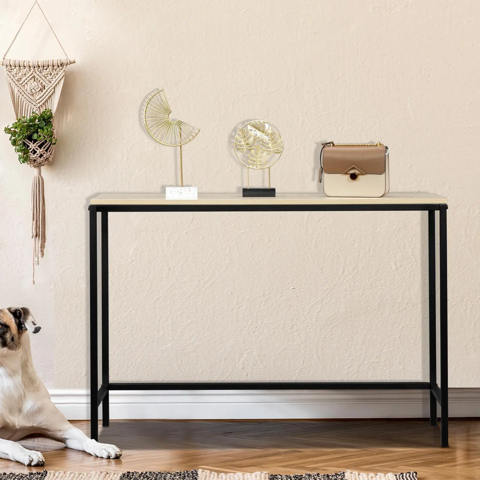 Ubesgoo Light Walnut Industrial-Style Rectangular Single-Layer MDF-Metal Triamine Board Porch Table, Modern Entryway Table, 41.34x11.81x27.95 Inches, 55 lb, Simple Setup with Assembly Guide, Rustic Hallway Home Decor Accent